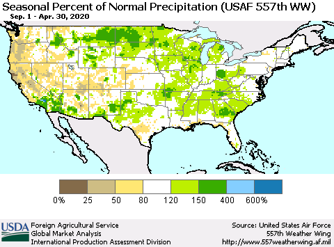United States Seasonal Percent of Normal Precipitation (USAF 557th WW) Thematic Map For 9/1/2019 - 4/30/2020