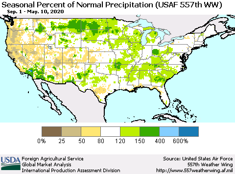 United States Seasonal Percent of Normal Precipitation (USAF 557th WW) Thematic Map For 9/1/2019 - 5/10/2020