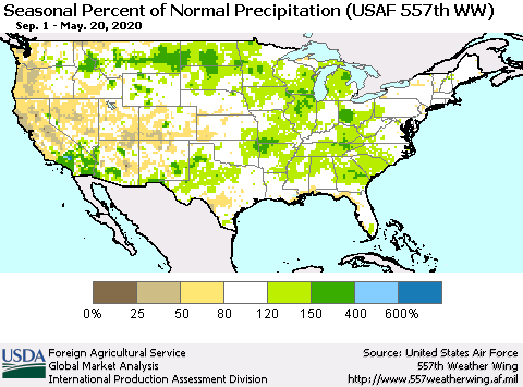 United States Seasonal Percent of Normal Precipitation (USAF 557th WW) Thematic Map For 9/1/2019 - 5/20/2020