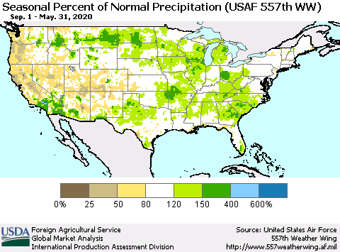 United States Seasonal Percent of Normal Precipitation (USAF 557th WW) Thematic Map For 9/1/2019 - 5/31/2020