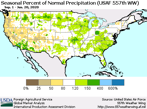 United States Seasonal Percent of Normal Precipitation (USAF 557th WW) Thematic Map For 9/1/2019 - 6/20/2020