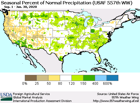 United States Seasonal Percent of Normal Precipitation (USAF 557th WW) Thematic Map For 9/1/2019 - 6/30/2020