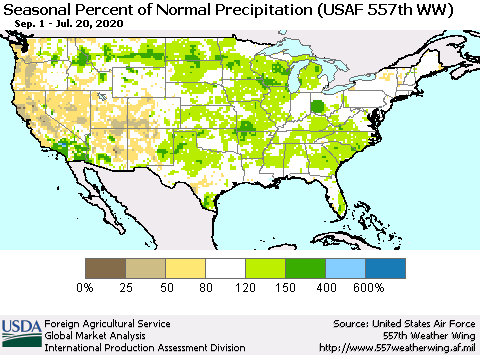 United States Seasonal Percent of Normal Precipitation (USAF 557th WW) Thematic Map For 9/1/2019 - 7/20/2020