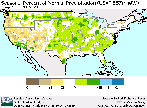 United States Seasonal Percent of Normal Precipitation (USAF 557th WW) Thematic Map For 9/1/2019 - 7/31/2020