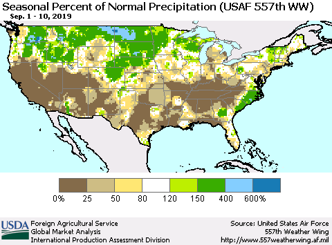 United States Seasonal Percent of Normal Precipitation (USAF 557th WW) Thematic Map For 9/1/2019 - 9/10/2019