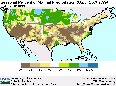United States Seasonal Percent of Normal Precipitation (USAF 557th WW) Thematic Map For 9/1/2019 - 9/20/2019