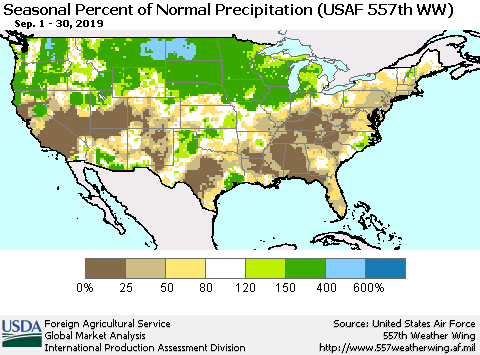 United States Seasonal Percent of Normal Precipitation (USAF 557th WW) Thematic Map For 9/1/2019 - 9/30/2019