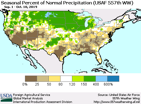 United States Seasonal Percent of Normal Precipitation (USAF 557th WW) Thematic Map For 9/1/2019 - 10/10/2019