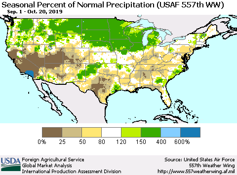 United States Seasonal Percent of Normal Precipitation (USAF 557th WW) Thematic Map For 9/1/2019 - 10/20/2019