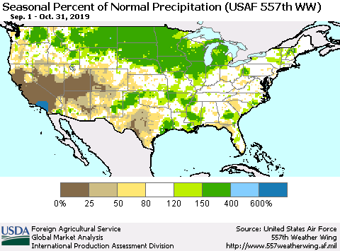 United States Seasonal Percent of Normal Precipitation (USAF 557th WW) Thematic Map For 9/1/2019 - 10/31/2019