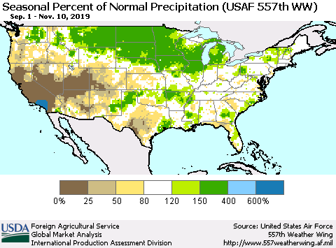 United States Seasonal Percent of Normal Precipitation (USAF 557th WW) Thematic Map For 9/1/2019 - 11/10/2019