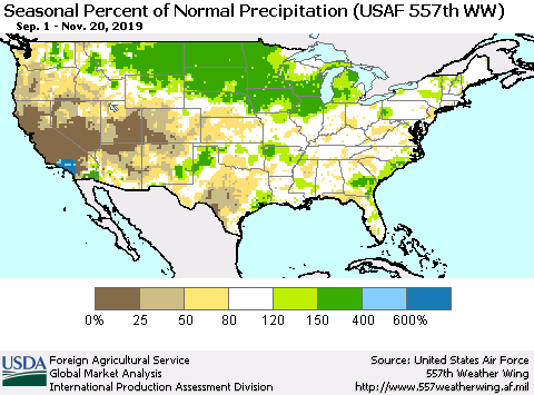 United States Seasonal Percent of Normal Precipitation (USAF 557th WW) Thematic Map For 9/1/2019 - 11/20/2019