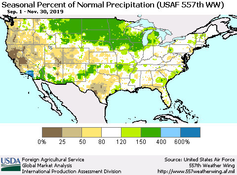 United States Seasonal Percent of Normal Precipitation (USAF 557th WW) Thematic Map For 9/1/2019 - 11/30/2019