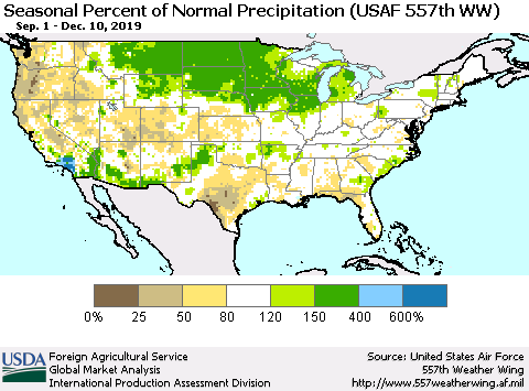 United States Seasonal Percent of Normal Precipitation (USAF 557th WW) Thematic Map For 9/1/2019 - 12/10/2019