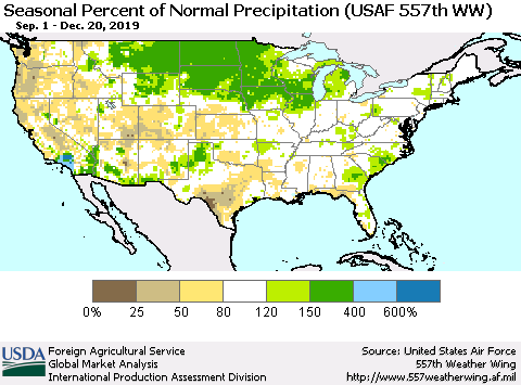 United States Seasonal Percent of Normal Precipitation (USAF 557th WW) Thematic Map For 9/1/2019 - 12/20/2019