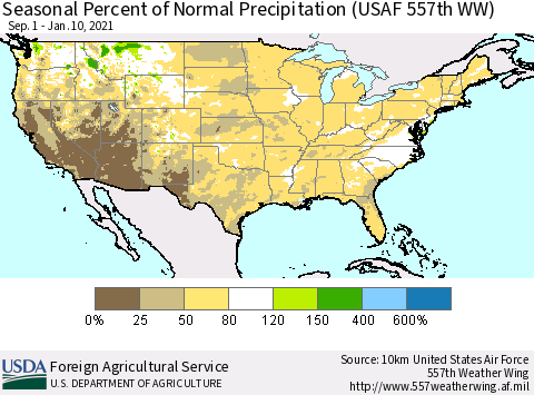 United States Seasonal Percent of Normal Precipitation (USAF 557th WW) Thematic Map For 9/1/2020 - 1/10/2021