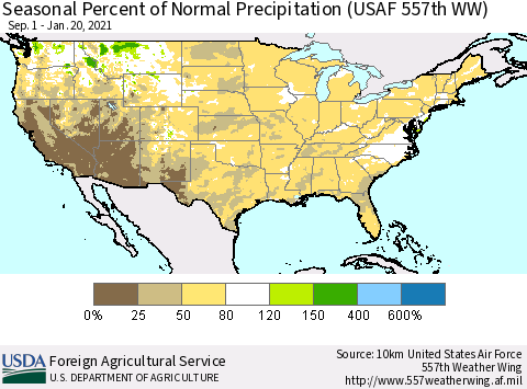 United States Seasonal Percent of Normal Precipitation (USAF 557th WW) Thematic Map For 9/1/2020 - 1/20/2021