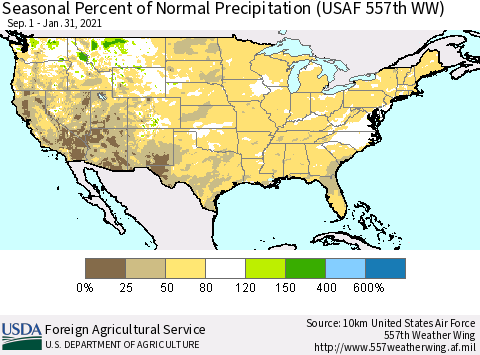 United States Seasonal Percent of Normal Precipitation (USAF 557th WW) Thematic Map For 9/1/2020 - 1/31/2021
