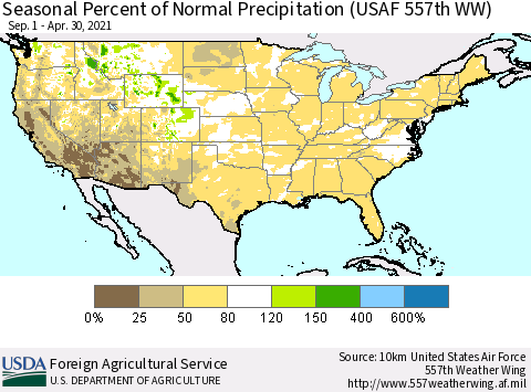 United States Seasonal Percent of Normal Precipitation (USAF 557th WW) Thematic Map For 9/1/2020 - 4/30/2021