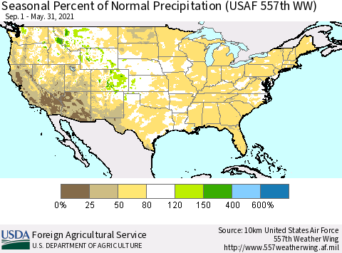 United States Seasonal Percent of Normal Precipitation (USAF 557th WW) Thematic Map For 9/1/2020 - 5/31/2021