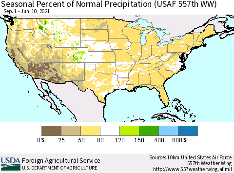 United States Seasonal Percent of Normal Precipitation (USAF 557th WW) Thematic Map For 9/1/2020 - 6/10/2021