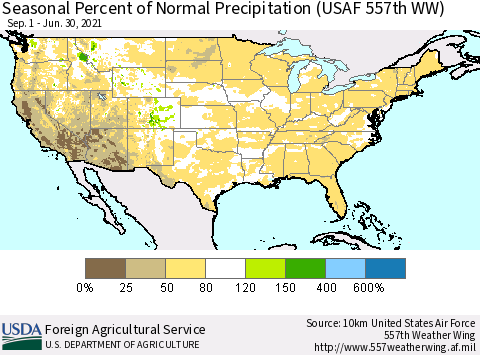 United States Seasonal Percent of Normal Precipitation (USAF 557th WW) Thematic Map For 9/1/2020 - 6/30/2021