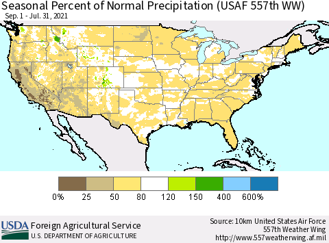 United States Seasonal Percent of Normal Precipitation (USAF 557th WW) Thematic Map For 9/1/2020 - 7/31/2021
