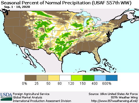 United States Seasonal Percent of Normal Precipitation (USAF 557th WW) Thematic Map For 9/1/2020 - 9/10/2020