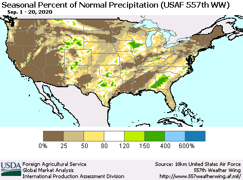 United States Seasonal Percent of Normal Precipitation (USAF 557th WW) Thematic Map For 9/1/2020 - 9/20/2020