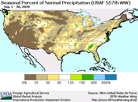 United States Seasonal Percent of Normal Precipitation (USAF 557th WW) Thematic Map For 9/1/2020 - 9/30/2020