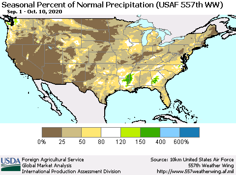 United States Seasonal Percent of Normal Precipitation (USAF 557th WW) Thematic Map For 9/1/2020 - 10/10/2020