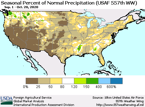 United States Seasonal Percent of Normal Precipitation (USAF 557th WW) Thematic Map For 9/1/2020 - 10/20/2020