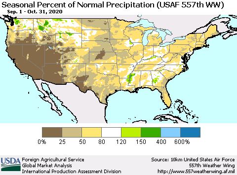 United States Seasonal Percent of Normal Precipitation (USAF 557th WW) Thematic Map For 9/1/2020 - 10/31/2020
