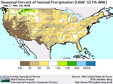 United States Seasonal Percent of Normal Precipitation (USAF 557th WW) Thematic Map For 9/1/2020 - 11/10/2020