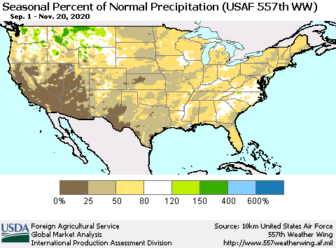 United States Seasonal Percent of Normal Precipitation (USAF 557th WW) Thematic Map For 9/1/2020 - 11/20/2020