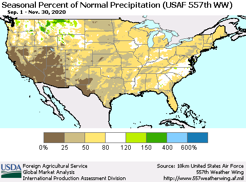 United States Seasonal Percent of Normal Precipitation (USAF 557th WW) Thematic Map For 9/1/2020 - 11/30/2020