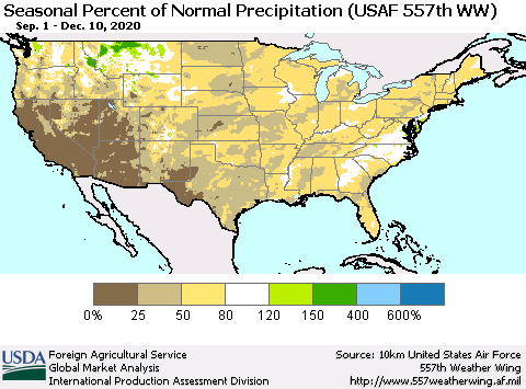 United States Seasonal Percent of Normal Precipitation (USAF 557th WW) Thematic Map For 9/1/2020 - 12/10/2020