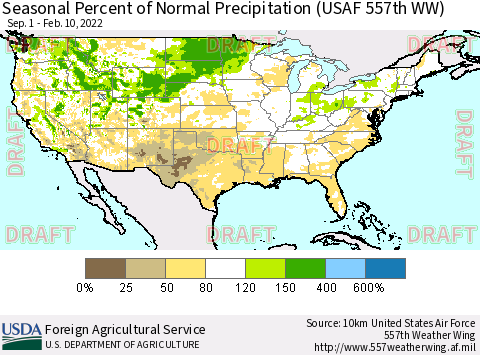 United States Seasonal Percent of Normal Precipitation (USAF 557th WW) Thematic Map For 9/1/2021 - 2/10/2022