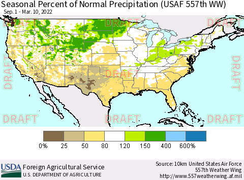 United States Seasonal Percent of Normal Precipitation (USAF 557th WW) Thematic Map For 9/1/2021 - 3/10/2022