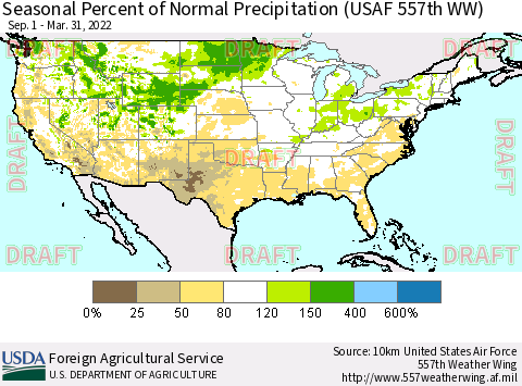 United States Seasonal Percent of Normal Precipitation (USAF 557th WW) Thematic Map For 9/1/2021 - 3/31/2022