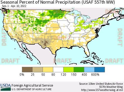 United States Seasonal Percent of Normal Precipitation (USAF 557th WW) Thematic Map For 9/1/2021 - 4/10/2022