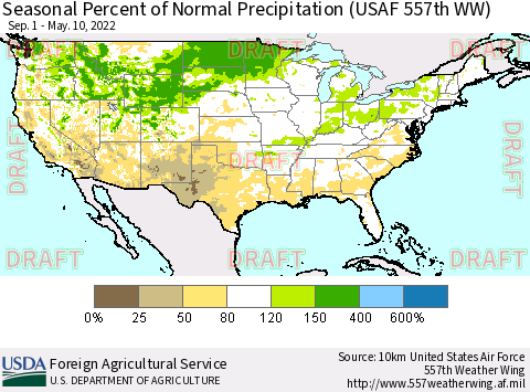 United States Seasonal Percent of Normal Precipitation (USAF 557th WW) Thematic Map For 9/1/2021 - 5/10/2022