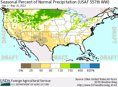 United States Seasonal Percent of Normal Precipitation (USAF 557th WW) Thematic Map For 9/1/2021 - 5/31/2022