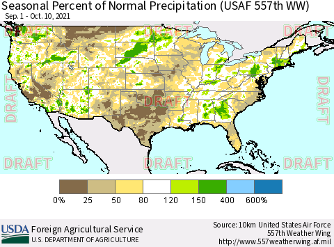 United States Seasonal Percent of Normal Precipitation (USAF 557th WW) Thematic Map For 9/1/2021 - 10/10/2021