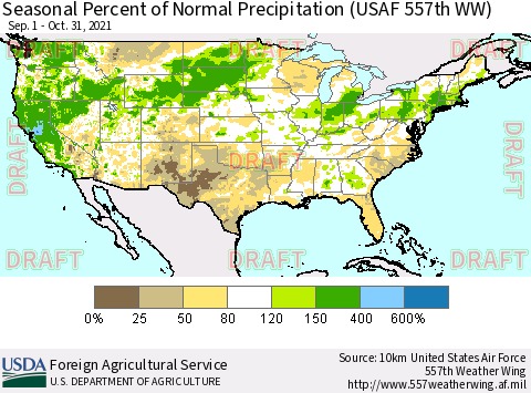 United States Seasonal Percent of Normal Precipitation (USAF 557th WW) Thematic Map For 9/1/2021 - 10/31/2021