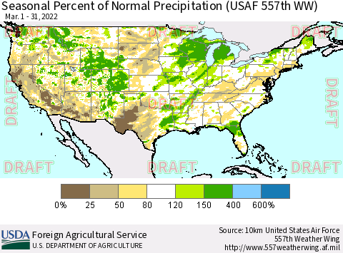 United States Seasonal Percent of Normal Precipitation (USAF 557th WW) Thematic Map For 3/1/2022 - 3/31/2022
