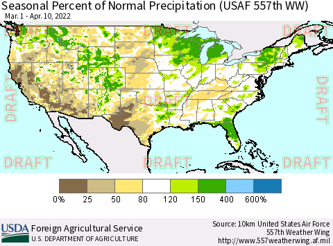 United States Seasonal Percent of Normal Precipitation (USAF 557th WW) Thematic Map For 3/1/2022 - 4/10/2022