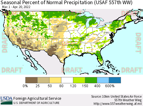 United States Seasonal Percent of Normal Precipitation (USAF 557th WW) Thematic Map For 3/1/2022 - 4/20/2022