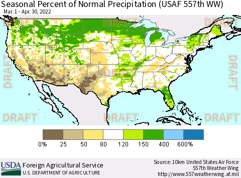 United States Seasonal Percent of Normal Precipitation (USAF 557th WW) Thematic Map For 3/1/2022 - 4/30/2022