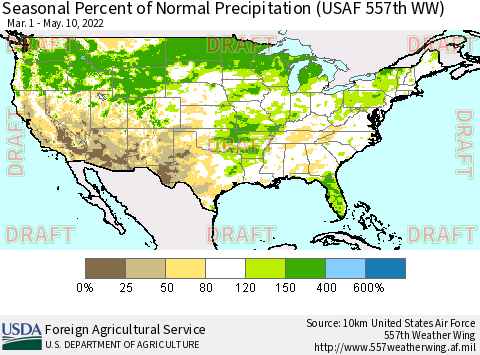 United States Seasonal Percent of Normal Precipitation (USAF 557th WW) Thematic Map For 3/1/2022 - 5/10/2022